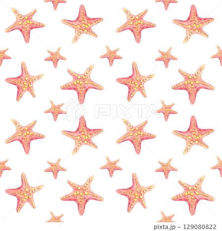 Scattered orange-pink and light red starfish in watercolor clipart seamless pattern, repeating delicately. Designed for greeting cards, planners, wrapping paper, or soft fabrics Scattered orange-pink and light red starfish in watercolor clipart seamless pattern, repeating delicately. Designed for greeting cards, planners, wrapping paper, or soft fabrics 129080822