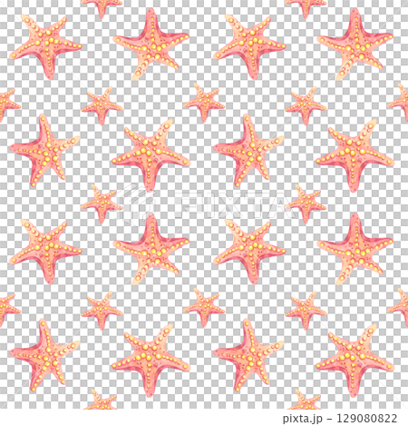Scattered orange-pink and light red starfish in watercolor clipart seamless pattern, repeating delicately. Designed for greeting cards, planners, wrapping paper, or soft fabrics Scattered orange-pink and light red starfish in watercolor clipart seamless pattern, repeating delicately. Designed for greeting cards, planners, wrapping paper, or soft fabrics 129080822