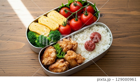 美味しそうな唐揚げと卵焼きの弁当 129080961