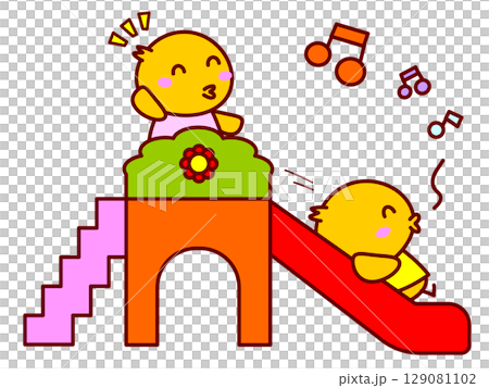 滑り台で遊ぶひよこ 129081102
