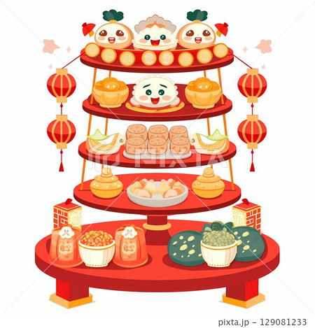 cute cartoon style of Chinese Ghost Festival offering table, joss paper, food trays, flat design, 4-color limit, transparent background. 129081233