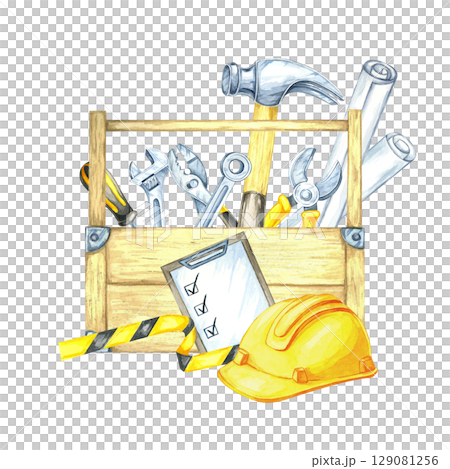 Yellow helmet, hammer, clipboard, and toolbox with assorted hand tools and striped tape. Watercolor clipart fitting for business cards, construction brochures, or organizational stickers 129081256