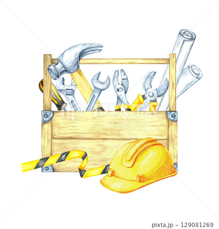 Wooden toolbox with hand tools, striped tape, and yellow helmet in realistic hues. Watercolor clipart suited for app icons, safety course materials, or handyman-themed digital products. Wooden toolbox with hand tools, striped tape, and yellow helmet in realistic hues. Watercolor clipart suited for app icons, safety course materials, or handyman-themed digital products. 129081269