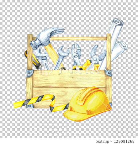 Wooden toolbox with hand tools, striped tape, and yellow helmet in realistic hues. Watercolor clipart suited for app icons, safety course materials, or handyman-themed digital products. 129081269