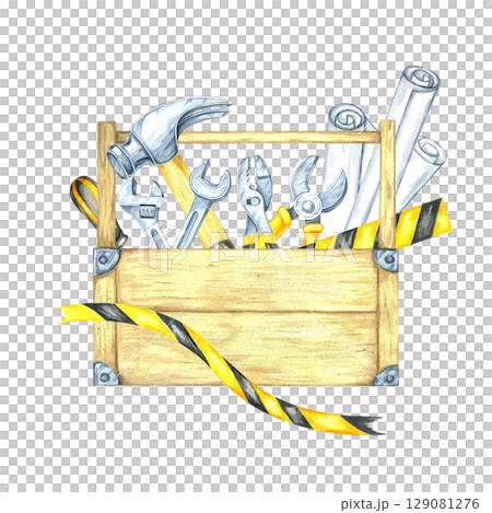 Toolbox packed with pliers, wrench, hammer, and striped caution tape in gray and yellow. Watercolor illustration great for DIY kit labels, flyer designs, or workshop branding assets 129081276