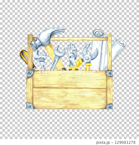 Wooden toolbox filled with tools hammer, wrench, screwdriver, pliers, and rolled plans in yellow and silver hues. Watercolor clipart perfect for product packaging or instructional posters 129081278