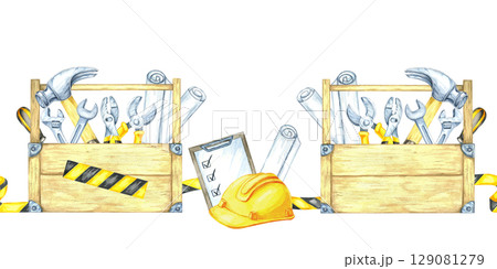 Yellow hard hat, toolbox, black-yellow tape, and blueprints arranged horizontally. Seamless banner Watercolor illustration suitable for website borders, event headers, and signage for work zones 129081279