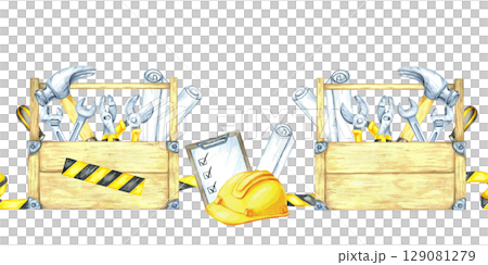 Yellow hard hat, toolbox, black-yellow tape, and blueprints arranged horizontally. Seamless banner Watercolor illustration suitable for website borders, event headers, and signage for work zones 129081279