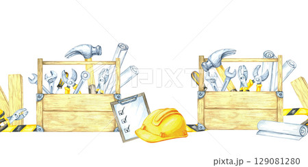 Wooden toolbox, yellow helmet, checklist, hammer, tape, and blueprints in soft yellow and gray tones. Seamless border watercolor clipart for banners, blog headers, or construction-themed invitations Wooden toolbox, yellow helmet, checklist, hammer, tape, and blueprints in soft yellow and gray tones. Seamless border watercolor clipart for banners, blog headers, or construction-themed invitations 129081280