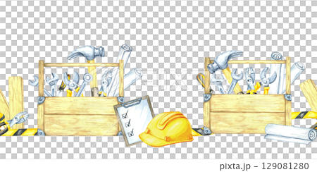 Wooden toolbox, yellow helmet, checklist, hammer, tape, and blueprints in soft yellow and gray tones. Seamless border watercolor clipart for banners, blog headers, or construction-themed invitations Wooden toolbox, yellow helmet, checklist, hammer, tape, and blueprints in soft yellow and gray tones. Seamless border watercolor clipart for banners, blog headers, or construction-themed invitations 129081280