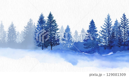 冬の木々と雪のイメージ、水彩画 129081309