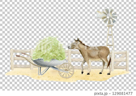 Farm donkey with wooden fence, freshly cut grass in wheelbarrow and windmill watercolor isolated illustration. Domestic cattle animal with hay stack on sandy ground clip art. Horizontal ranch scene 129081477