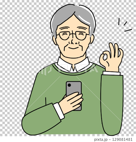一位老人拿著智慧型手機做出「OK」手勢的插圖 129081481