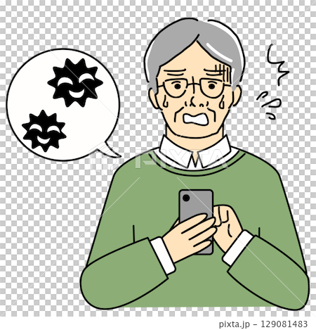 Illustration of an elderly man who is in trouble after contracting a virus on his smartphone Illustration of an elderly man who is in trouble after contracting a virus on his smartphone 129081483