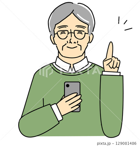 スマホを持ちながら注意をするシニア男性のイラスト スマホを持ちながら注意をするシニア男性のイラスト 129081486