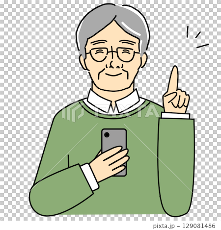 スマホを持ちながら注意をするシニア男性のイラスト スマホを持ちながら注意をするシニア男性のイラスト 129081486