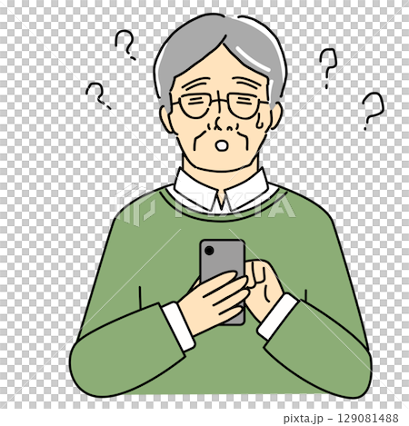 一位老人在使用智慧型手機時所疑惑的插圖 一位老人在使用智慧型手機時所疑惑的插圖 129081488