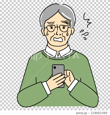 一位焦慮的老人操作智慧型手機的插圖 一位焦慮的老人操作智慧型手機的插圖 129081489