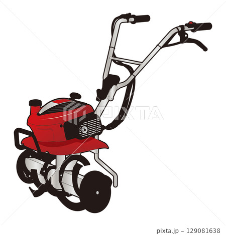 畑を耕すのに使われる、ハンドル付きの赤い動力耕運機のイラスト 畑を耕すのに使われる、ハンドル付きの赤い動力耕運機のイラスト 129081638