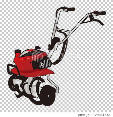 Illustration of a red power tiller with a handle used to plow fields 129081638
