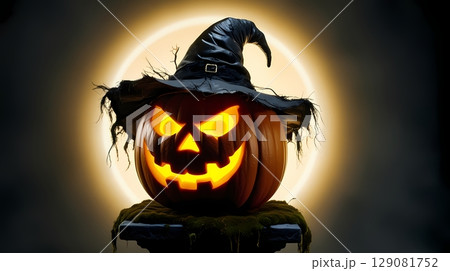 Spooky halloween pumpkin image in the style of light pink and light magenta and blue on the white background.  129081752