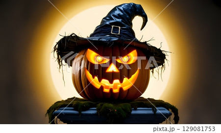 Spooky halloween pumpkin image in the style of light pink and light magenta and blue on the white background.  129081753