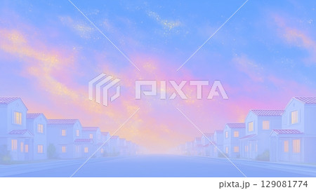 黄昏の住宅街ストリート　両側に家並ぶ夕焼け空背景 129081774