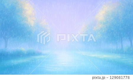 雨降る公園　水面に映る新緑と紫空の背景 129081778