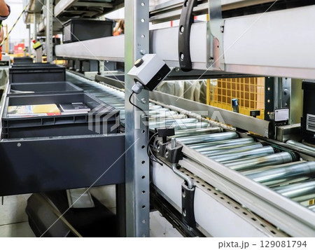 packing line in a logistics warehouse. conveyor belt in a modern production line packing line in a logistics warehouse. conveyor belt in a modern production line 129081794