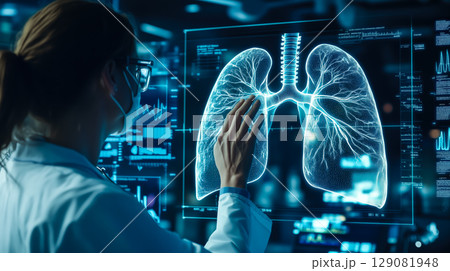 A doctor carefully examines a virtual lung x-ray projection with focused attention. The integration of advanced technology in medical diagnostics. Generative AI. 129081948
