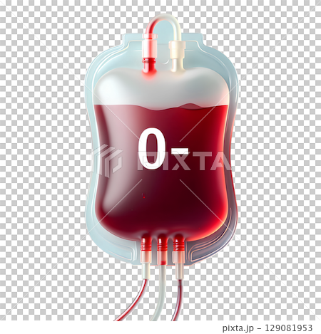 O- blood donation bag with red fluid and donor tag, universal donor concept for healthcare illustrations 129081953