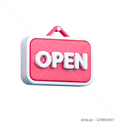Pink open sign in 3d cartoon style with bubbly letters, fun shop entrance indicator isolated Pink open sign in 3d cartoon style with bubbly letters, fun shop entrance indicator isolated 129081957