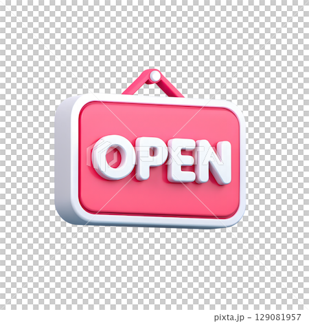 Pink open sign in 3d cartoon style with bubbly letters, fun shop entrance indicator isolated Pink open sign in 3d cartoon style with bubbly letters, fun shop entrance indicator isolated 129081957