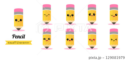 Adorable Cute Cartoon Pencils Featuring an Array of Various Expressions and Emotions 129081979