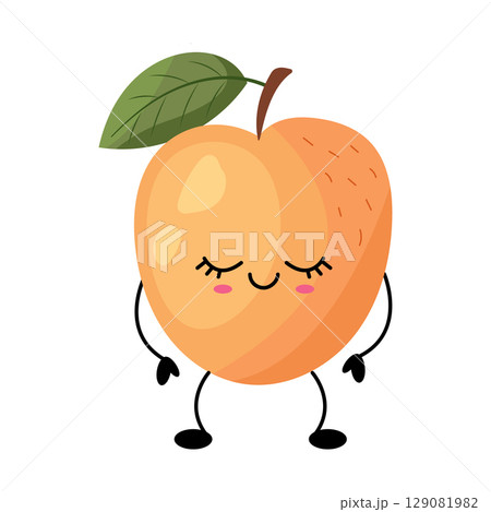Adorable and Cute Cartoon Peach Character Featuring a Happy Expression and a Leafy Accent Adorable and Cute Cartoon Peach Character Featuring a Happy Expression and a Leafy Accent 129081982