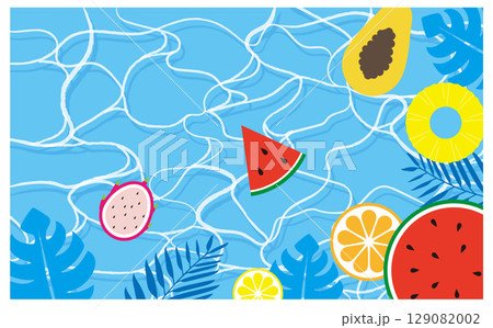 プールと浮き輪とフルーツ背景イラスト プールと浮き輪とフルーツ背景イラスト 129082002
