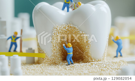 Miniature workers cleaning large tooth to prevent decay with tools 129082054