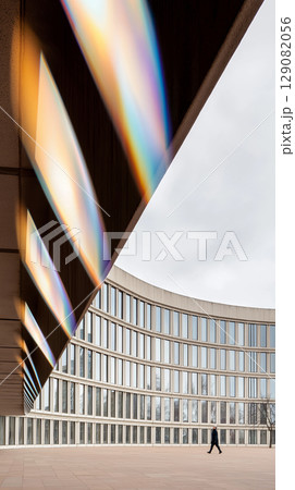 Solitary walker by modern curved building with reflective lights and overcast sky 129082056