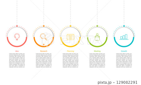 Colorful 5 step infographic timeline with circular icons and minimal design. Ideal for business presentations, workflows, processes, and marketing strategies. 129082291