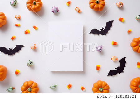 Halloween mockup with a blank greeting card, pumpkins, bats, and candy on white background. Perfect for holiday messages and graphic design. 129082521