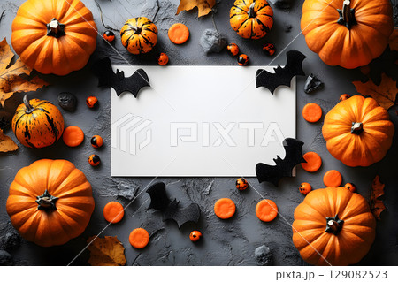 Halloween mockup with a blank greeting card, pumpkins, bats, and candy on white background. Perfect for holiday messages and graphic design. 129082523