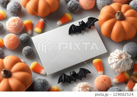 Halloween mockup with a blank greeting card, pumpkins, bats, and candy on white background. Perfect for holiday messages and graphic design. 129082524