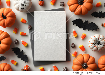 Halloween mockup with a blank greeting card, pumpkins, bats, and candy on white background. Perfect for holiday messages and graphic design. 129082526