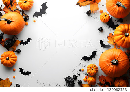 Halloween mockup with a blank greeting card, pumpkins, bats, and candy on white background. Perfect for holiday messages and graphic design. 129082528