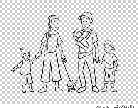 一家五口和一隻狗穿著休閒服散步 129082598