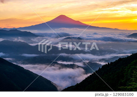清水区吉原からの雲海と赤富士 129083100