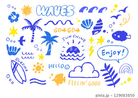 手描き風サーフィンと夏モチーフイラストセット｜波・ヤシの木・太陽・貝殻・フィーリングポップアート 129083850