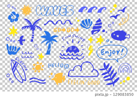 手描き風サーフィンと夏モチーフイラストセット｜波・ヤシの木・太陽・貝殻・フィーリングポップアート 129083850