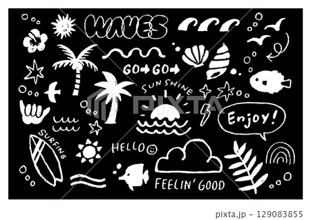白黒反転したモノクロの海のイラストセット|波や貝殻、ヤシの木、海のモチーフを集めた夏の手描きデザイン 白黒反転したモノクロの海のイラストセット|波や貝殻、ヤシの木、海のモチーフを集めた夏の手描きデザイン 129083855