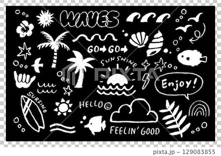 Set of monochrome ocean illustrations in black and white | Hand-drawn summer designs featuring waves, shells, palm trees, and ocean motifs 129083855